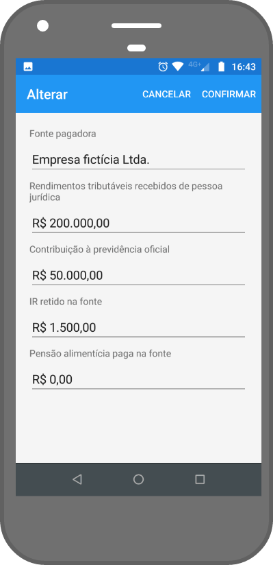 Tela de rendimentos tributáveis